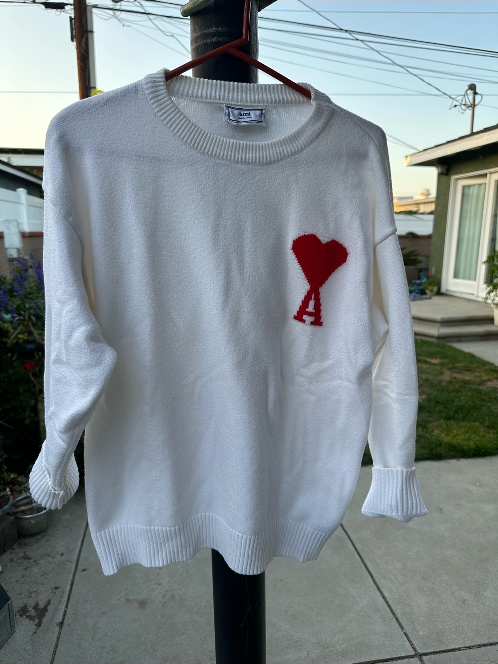 Ami  White Crewneck Sweater with Red Heart A Logo Alexandre Mattiussi